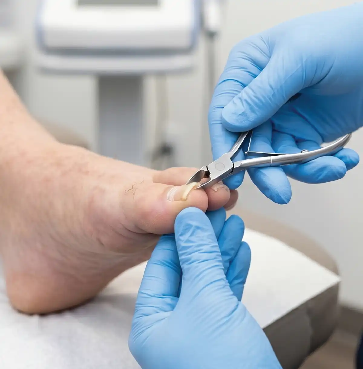 Podiatrist trimming a patient's toenails